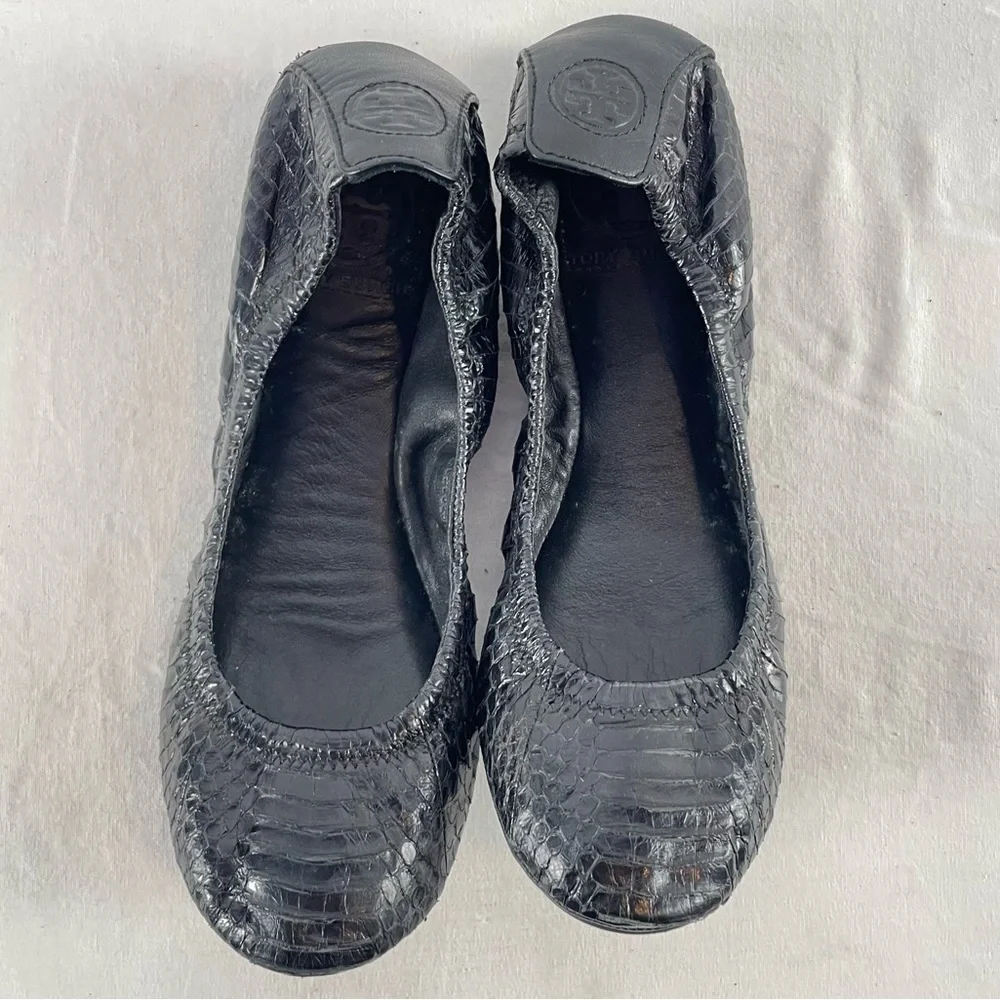 Tory Burch Snakeskin Embossed Leather Ballet Slipper Flat in Black Size‎ 7